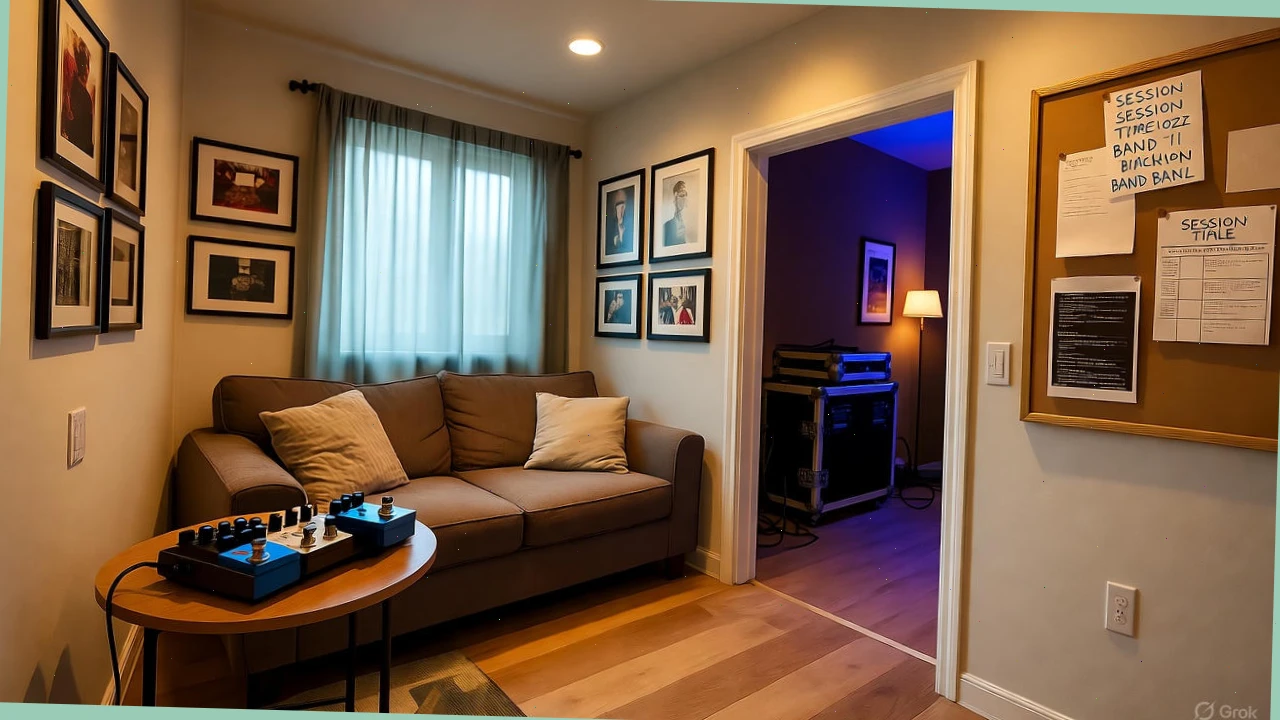Warm studio lobby with sofa, pedal board on the table, and a noticeboard of session times