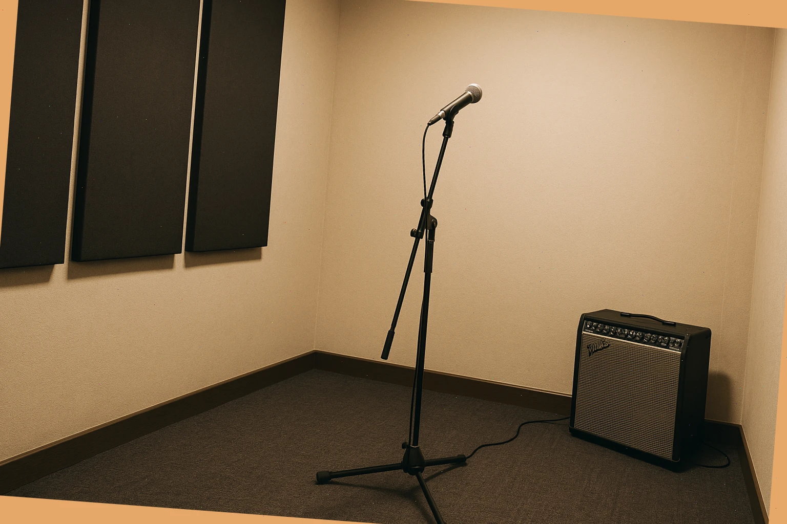 Compact practice room with a single mic stand and small combo amp