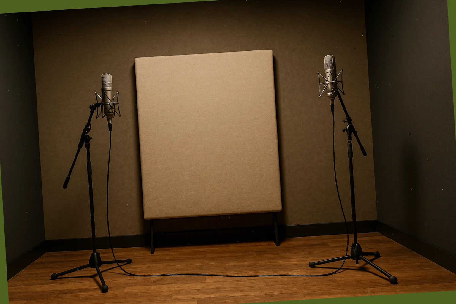 Small live room with two condensers on stands and a simple isolation panel