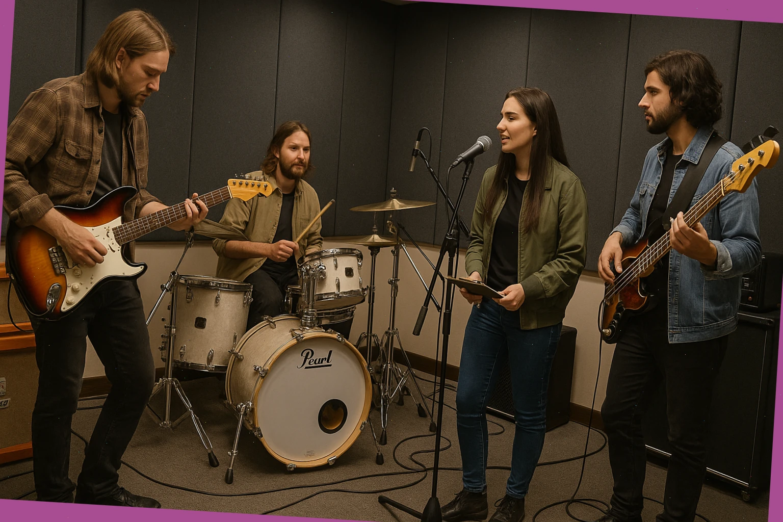 Band in a treated room with drum kit, two amps, and a clear floor path for cables