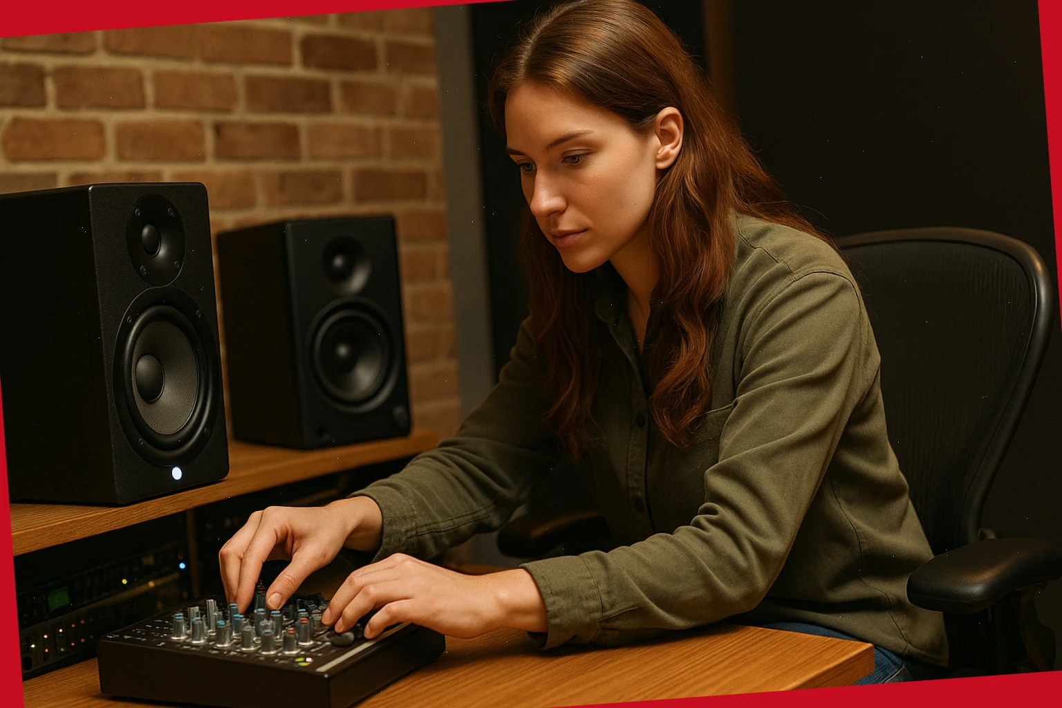 Amelia, recording engineer, adjusting a small mixer beside nearfield monitors