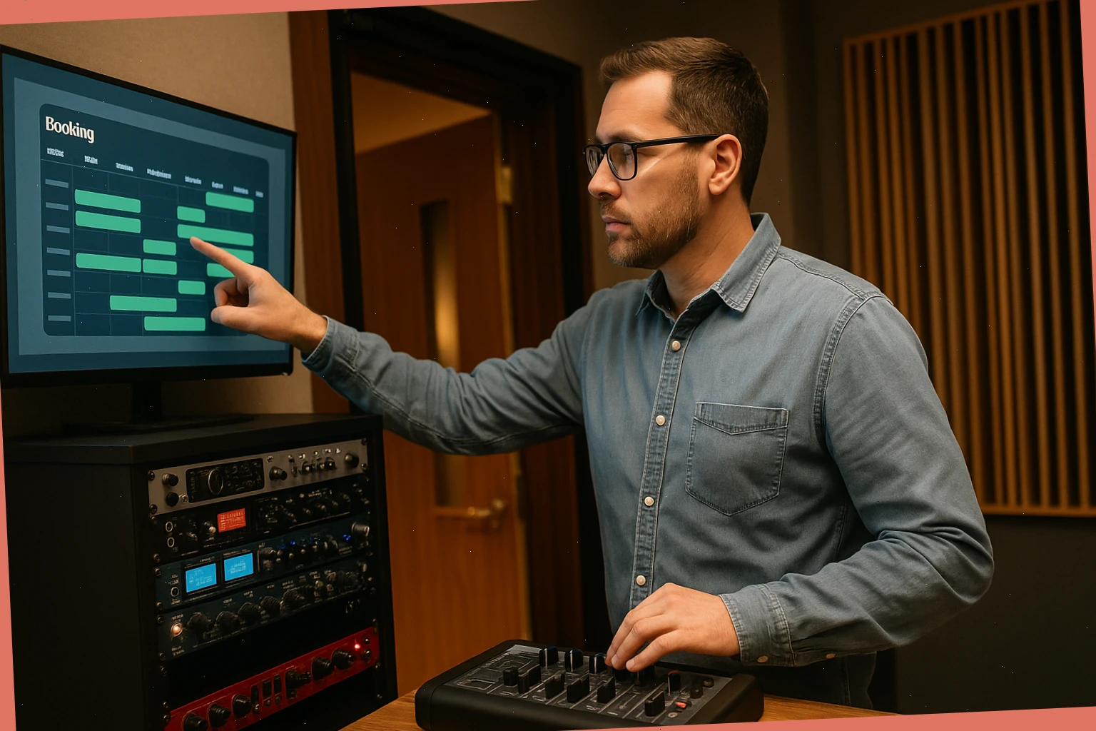 Joel, studio manager, checking a booking screen and a rack with audio interfaces
