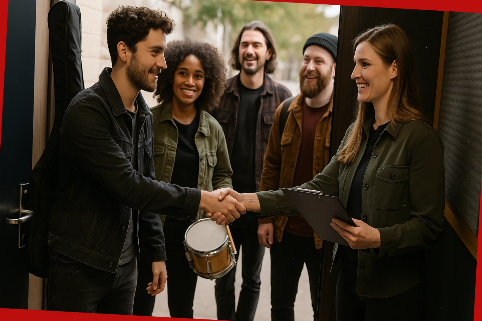 Sarah, session host, welcoming a band at the door with a clipboard